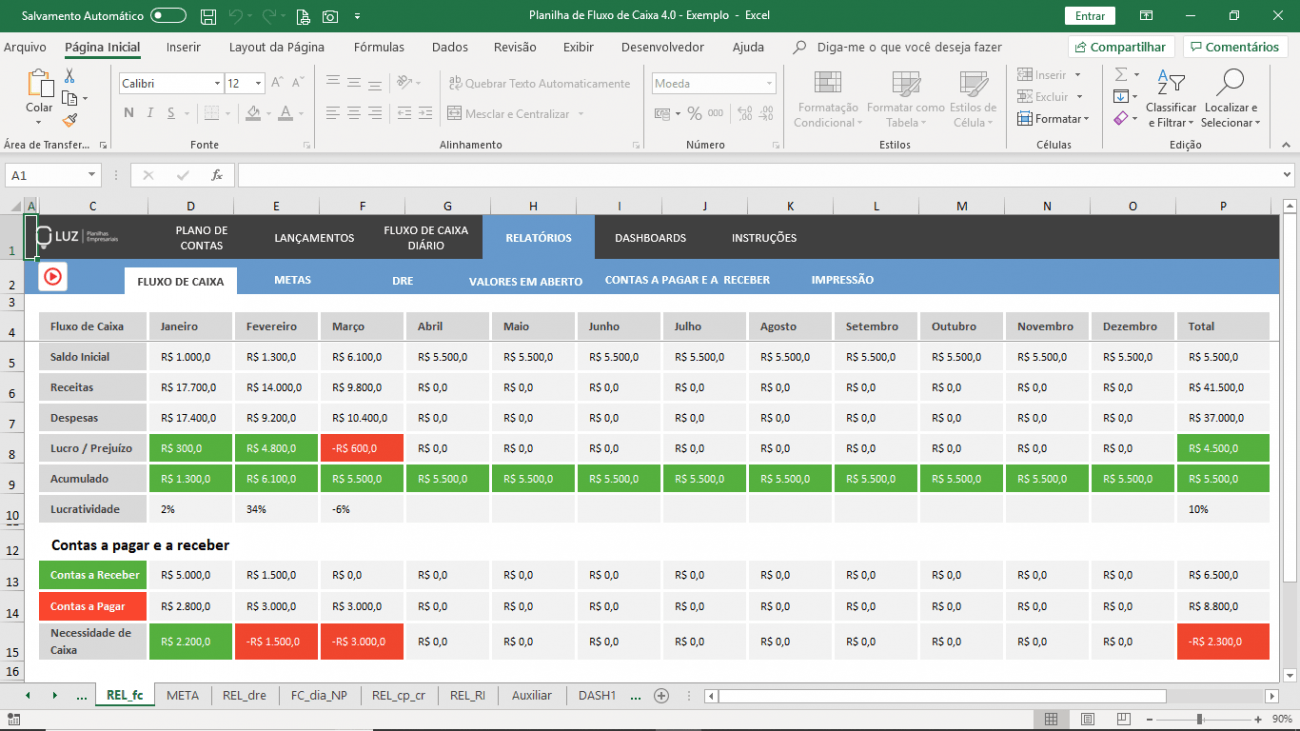 Planilha de Fluxo de Caixa em Excel Controle Financeiro Empresarial