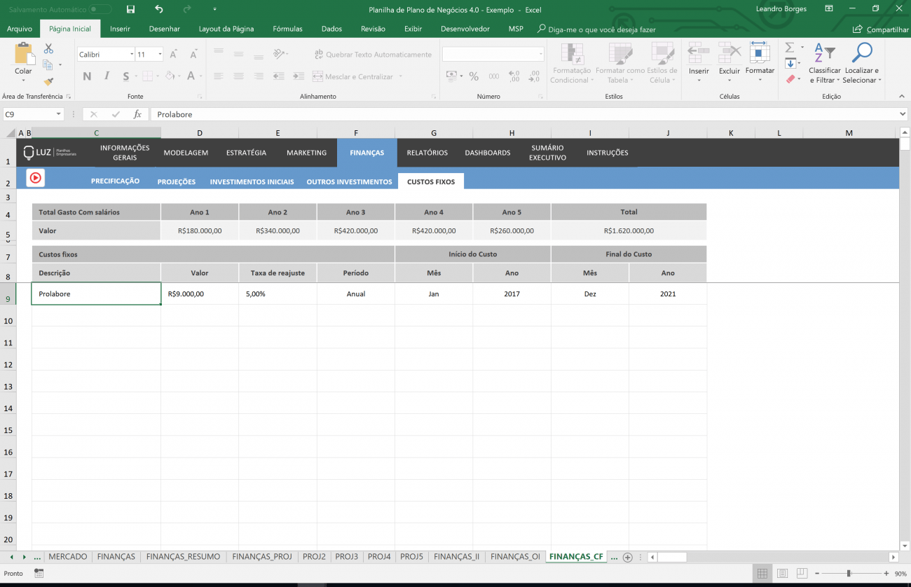 Planilha Plano de Negócios modelo pronto em Excel