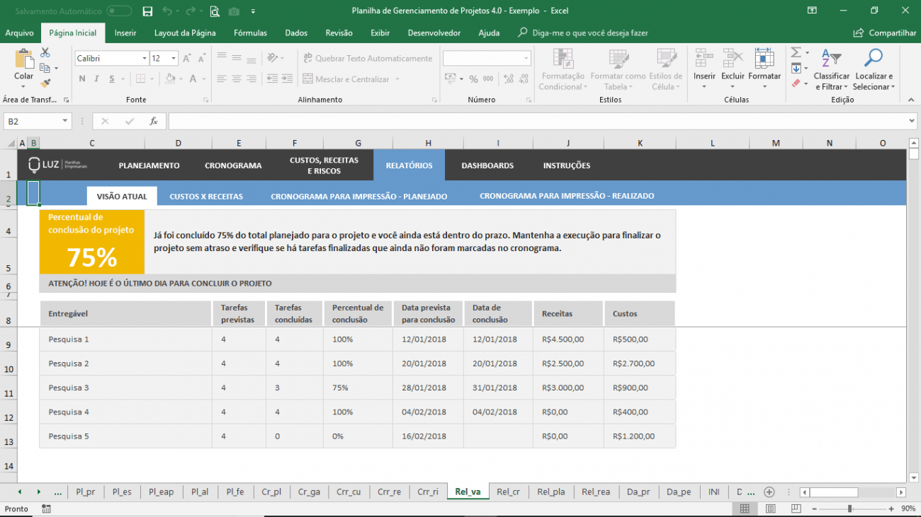 Planilha de Gerenciamento de Projetos em Excel com Gráfico de Gantt