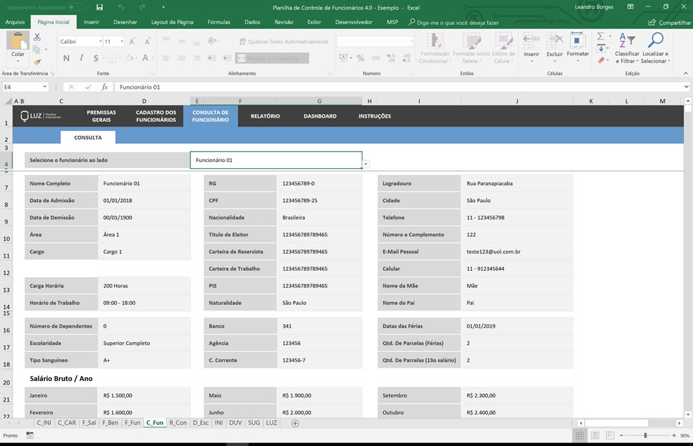 Planilha de Controle e Cadastro de Funcionários em Excel