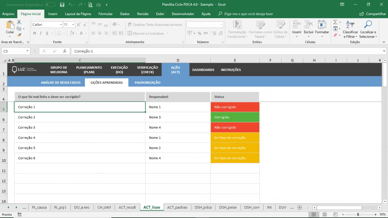 Planilha Ciclo PDCA - Gestão da qualidade em Excel