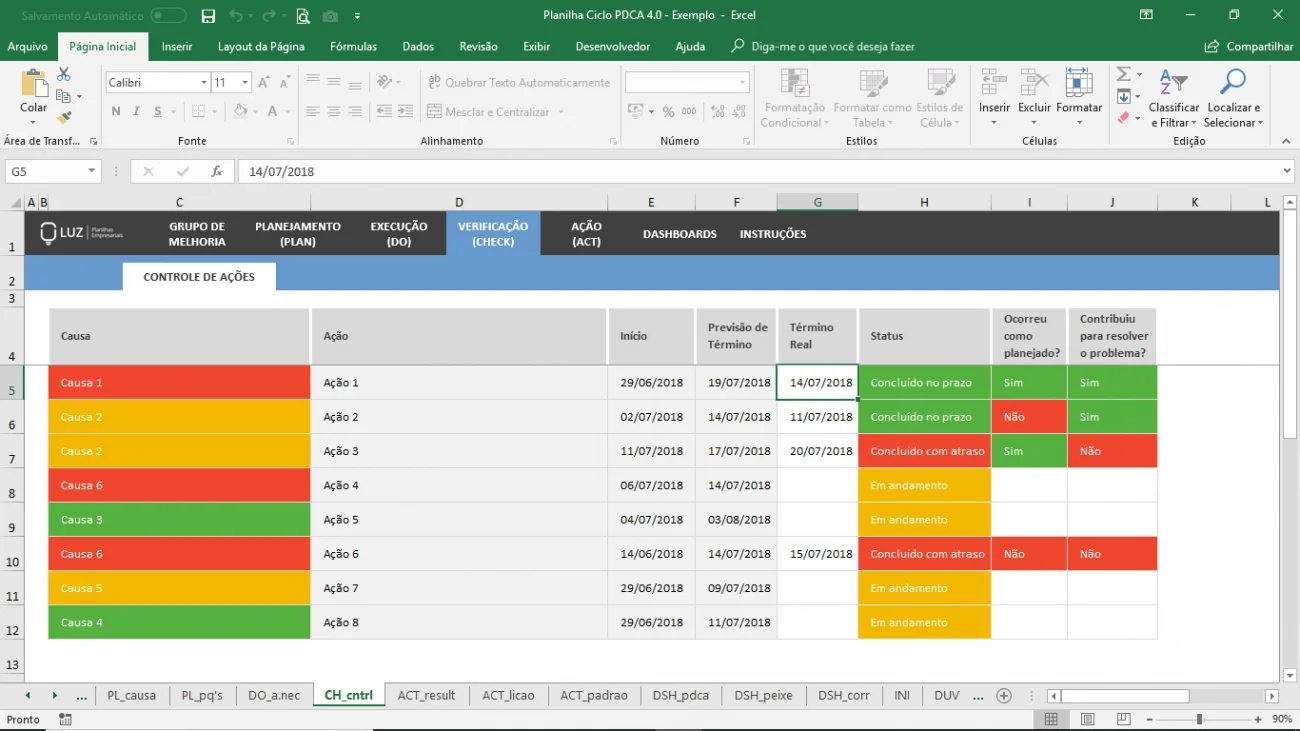 Planilha Ciclo PDCA - Gestão da qualidade em Excel