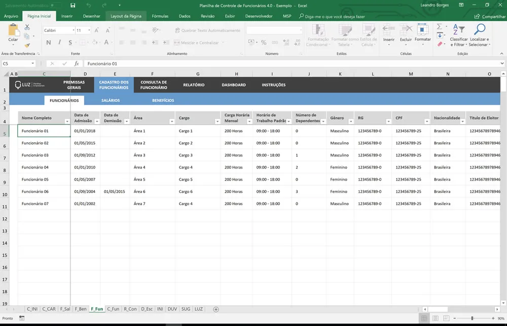 Planilha de Controle e Cadastro de Funcionários em Excel