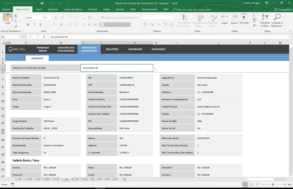 Planilha de Controle e Cadastro de Funcionários em Excel