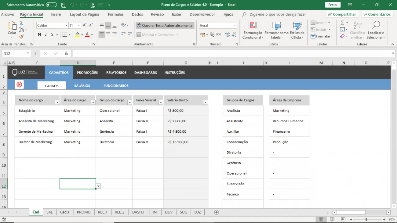 Planilha de Plano de Cargos e Salários em Excel - Gestão de Benefícios