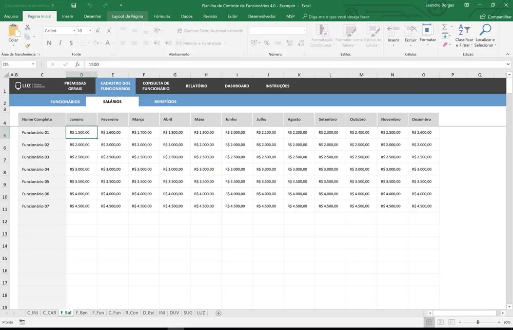 Planilha de Controle e Cadastro de Funcionários em Excel