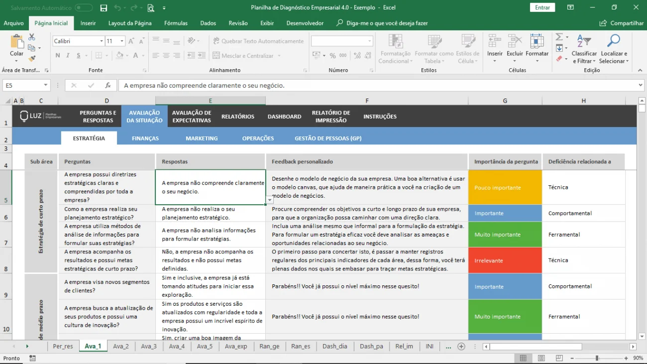 planilha de diagnóstico empresarial excel avaliaçao