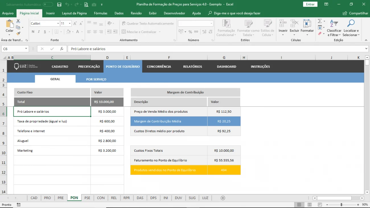 planilha de formaçao de preços para serviços excel peq