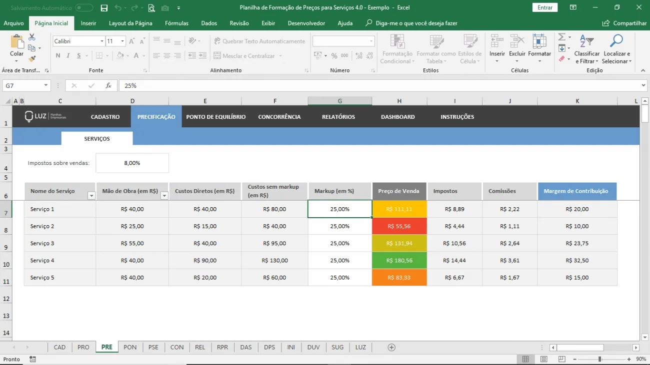 planilha de formaçao de preços para serviços excel precificação