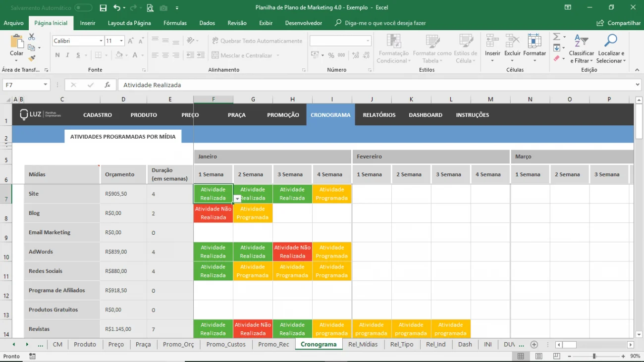 planilha de plano de marketing cronograma