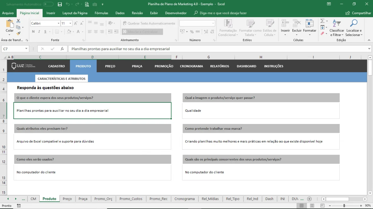 planilha de plano de marketing produto