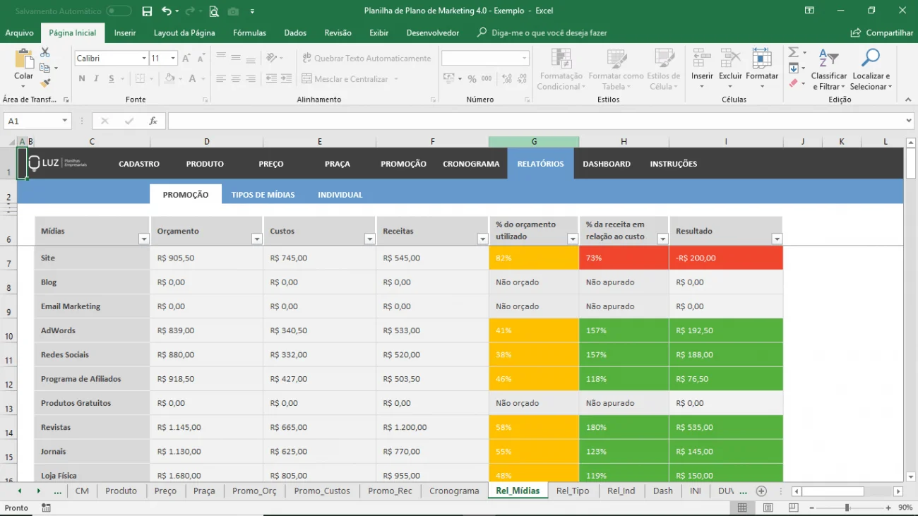 planilha de plano de marketing relatório