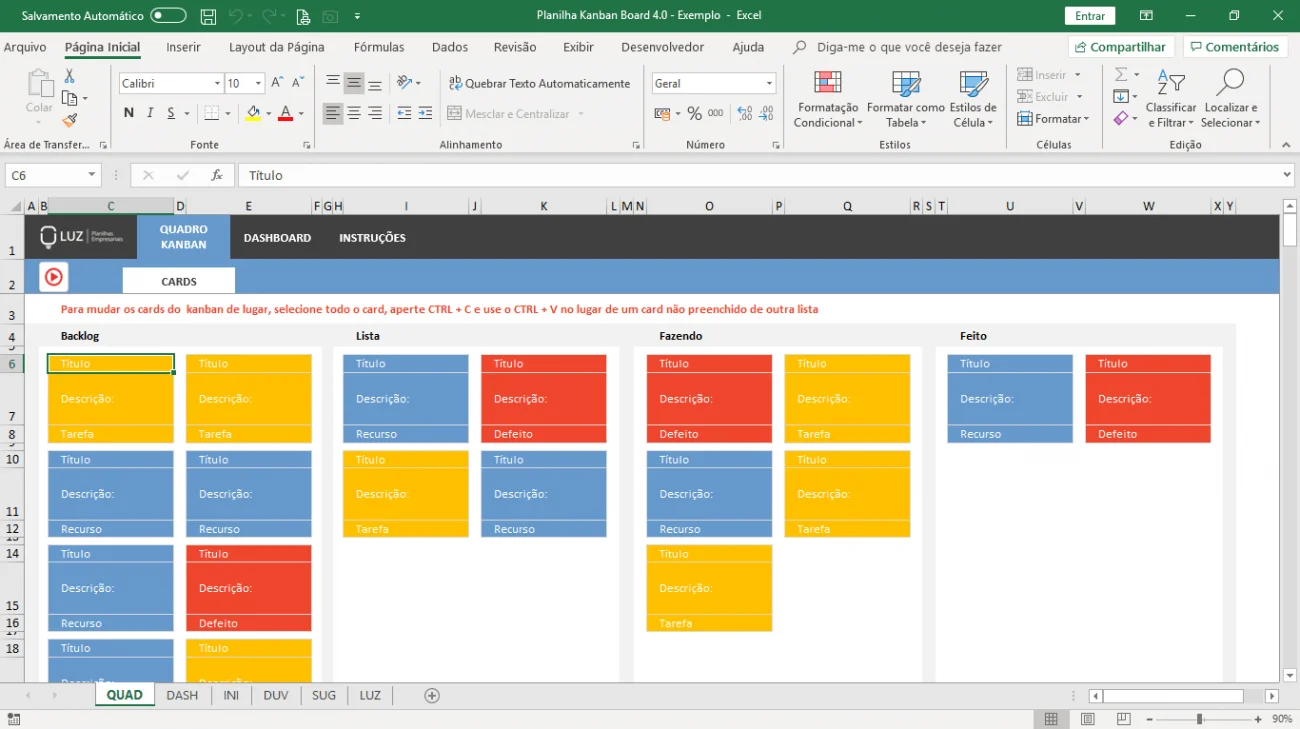 planilha kanban board excel quadro