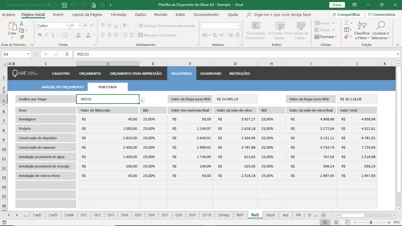 planilha de orçamento de obras excel etapa