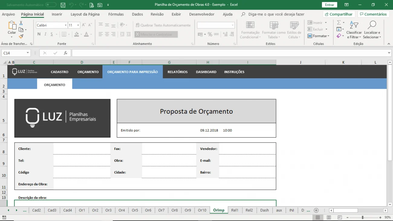 planilha de orçamento de obras excel impressão